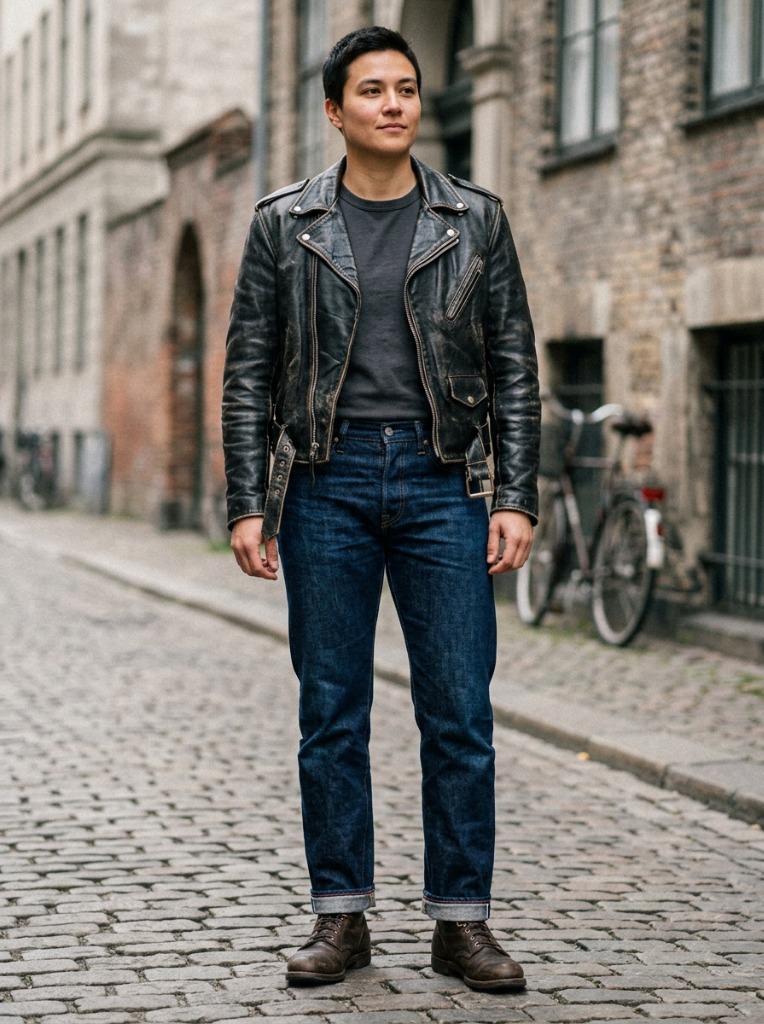 Distressed Biker Leather & Raw Denim